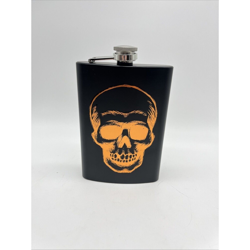 Matte Black 8 oz. Stainless Steel Hip Pocket Flask - Skull Design, New W/out Box